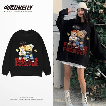Bear sweatshirt for men and women with niche design for autumn and winter plus velvet round neck oversize graffiti high-end street jacket