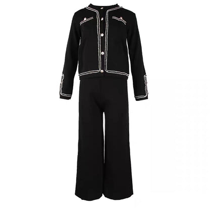 Suit women's 2023 new loose and slim hemp pattern round neck long-sleeved knitted top drapey high-waisted wide-leg pants autumn