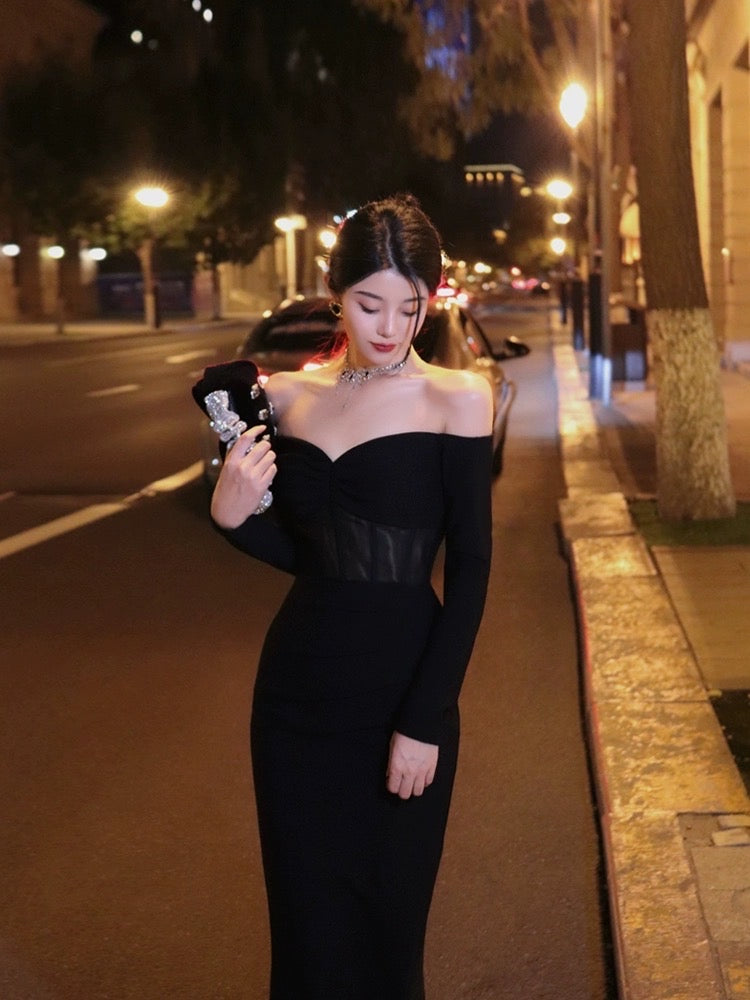 Thirteen and Little French Black Dress Female Autumn Slim Slit One Shoulder Banquet Dress Dress