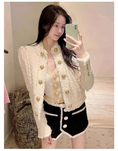 French ladylike temperament short coat for women 2023 spring new style light mature style double-breasted tweed small fragrant style top