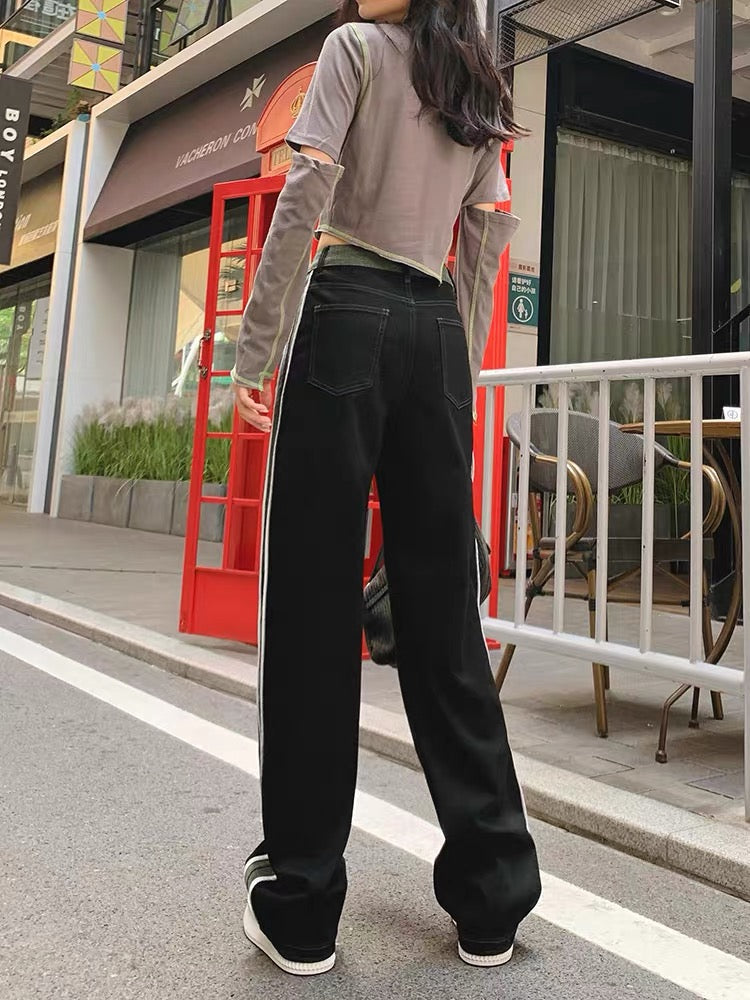Black straight jeans women's wide-legged loose 2023 autumn new style selvage Hong Kong style high-end drape floor-length trousers (P132)