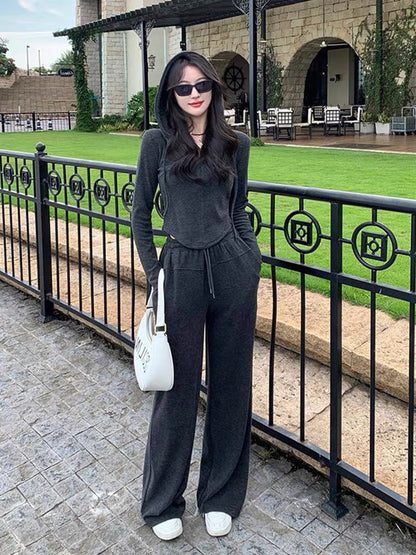 American fishbone hooded sweatshirt suit for women, spring and autumn 2023 new fashion casual wide-leg pants two-piece set with western style