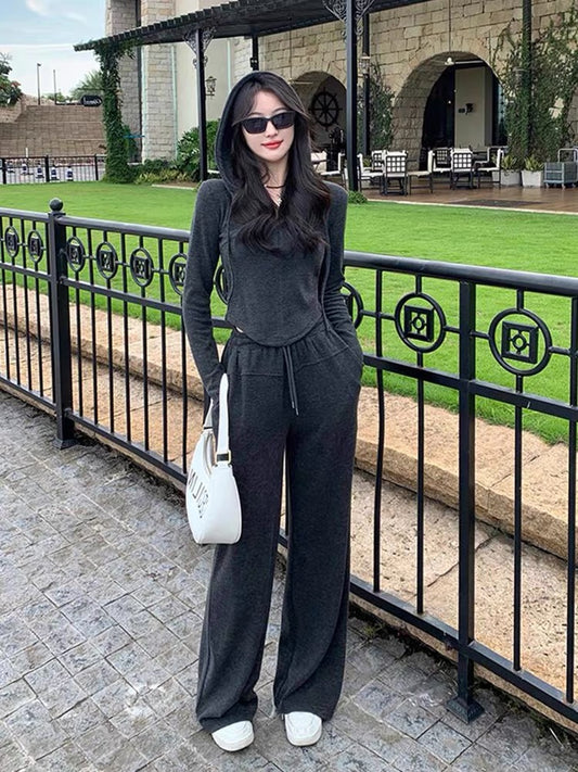 American fishbone hooded sweatshirt suit for women, spring and autumn 2023 new fashion casual wide-leg pants two-piece set with western style