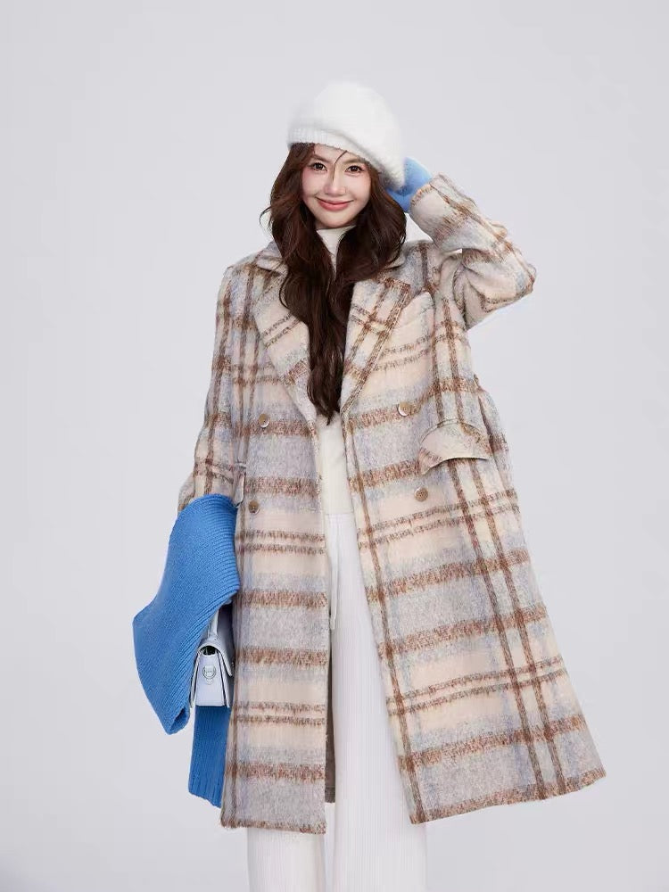 Volstagg 30 wool plaid woolen coat for women autumn and winter temperament and high-end Korean style mid-length woolen coat