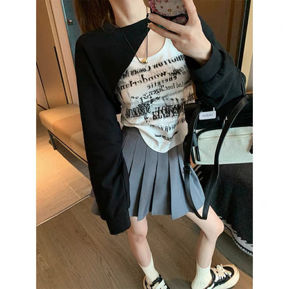 American retro sweet and spicy two-piece long-sleeved T-shirt for women in autumn design niche design bottoming shirt trendy tops (B6915)