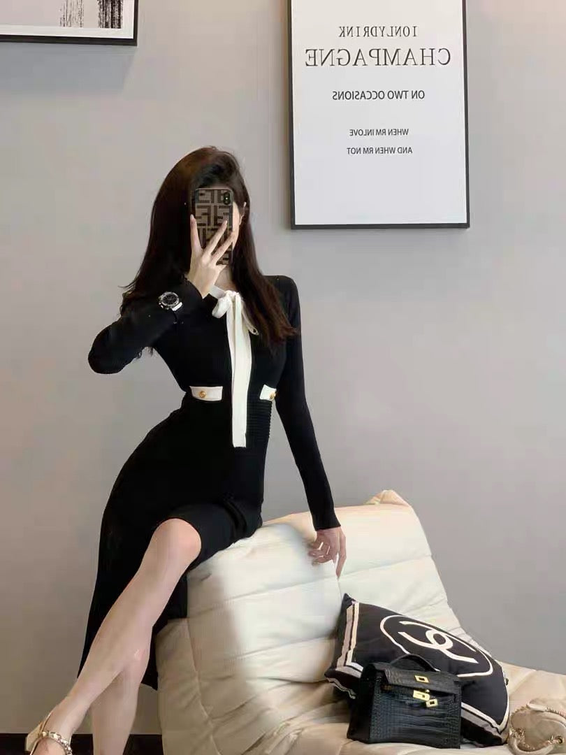 Knitted dress for women 2023 new autumn style French retro high-end niche temperament slim skirt (B2610)