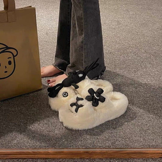 Internet celebrity Korean version of cute rabbit fur shoes for women's outerwear 2023 autumn and winter new thick-soled one-word plush cotton slippers (S0711)