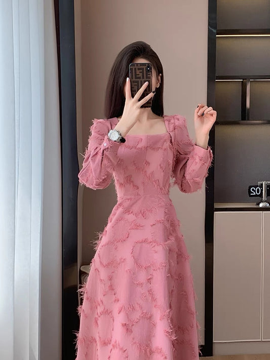 Autumn new style first love, sweet temperament, gentle girly style, fringed fairy skirt, long skirt, niche slim dress