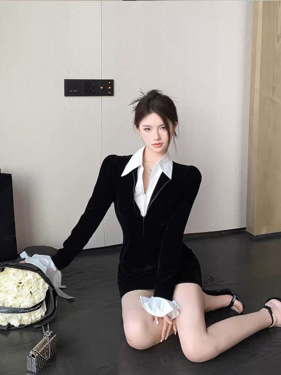 Fake two-piece spliced polo collar velvet dress women's autumn high-end long-sleeved short skirt sexy waist bag hip skirt (D0915)