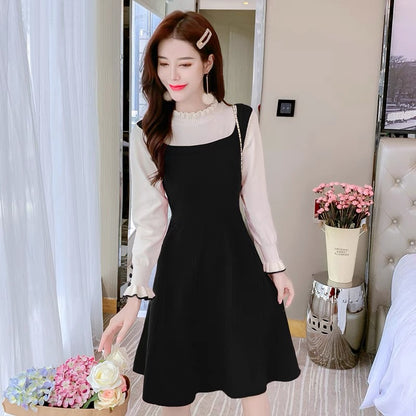 lolita with coat knitted sweater dress women's autumn and winter 2023 new slimming fake two-piece bottoming skirt