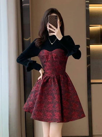 New autumn and winter high-end French style beautiful long-sleeved splicing dress for small women slimming tall red short skirt