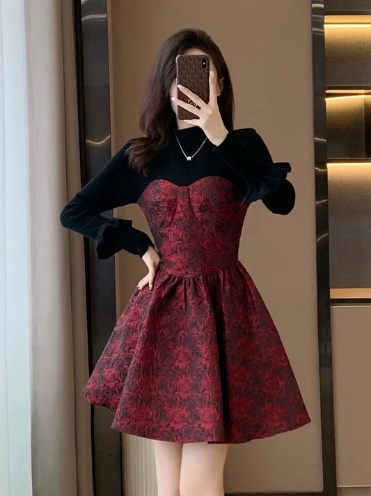 New autumn and winter high-end French style beautiful long-sleeved splicing dress for small women slimming tall red short skirt