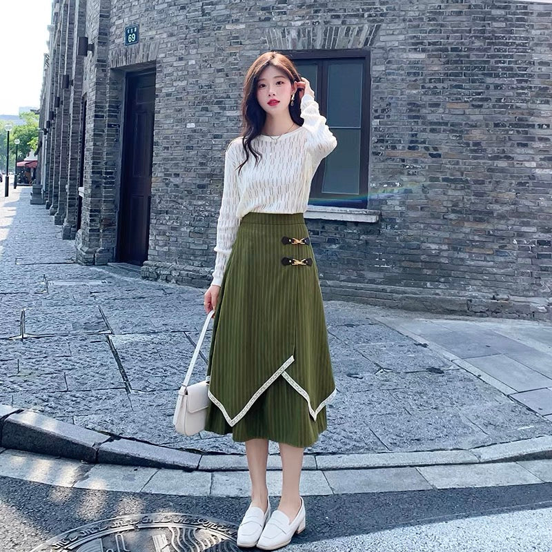 Autumn and winter striped skirt for women 2023 new style irregular high-waist slim umbrella skirt mid-length a-line hip-hugging long skirt
