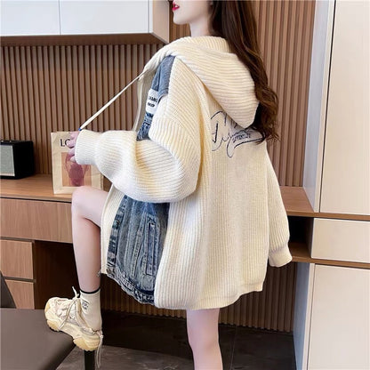 Loose and lazy denim patchwork sweater cardigan for women 2023 new autumn Korean style hooded knitted jacket (S0610)