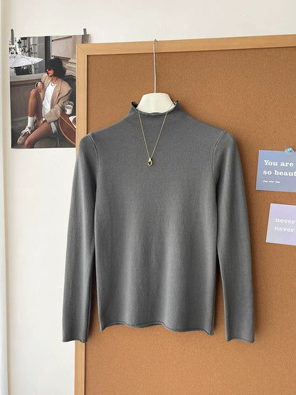 Retro soft and sticky cashmere rolled-edge turtleneck knit sweater for women, autumn and winter, gentle and versatile layering base layer top.