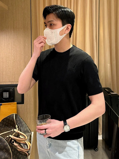 Fashionable high-end simple and generous white bottoming shirt men's summer thin custom three-dimensional texture slim knit sweater men