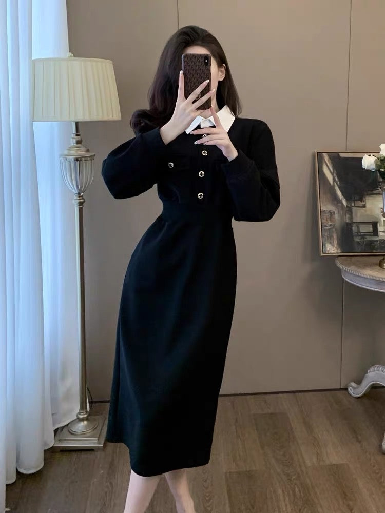 French style dress for women 2023 autumn and winter new black waist slimming POLO collar high-end sweatshirt skirt