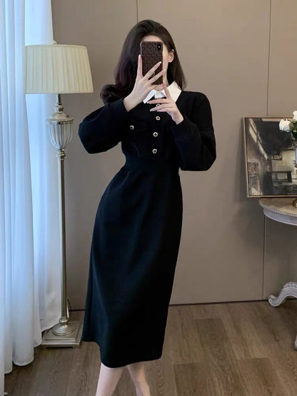 French style dress for women 2023 autumn and winter new black waist slimming POLO collar high-end sweatshirt skirt
