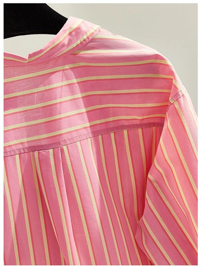 European style pink age-reducing striped cotton shirt for women spring and summer new Korean version loose single-breasted long-sleeved shirt