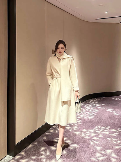 Shanxi said off-white 100% wool double-sided woolen collarless scarf style long-sleeved coat for women slim long coat (B1330)