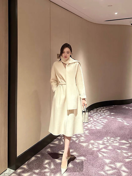 Shanxi said off-white 100% wool double-sided woolen collarless scarf style long-sleeved coat for women slim long coat (B1330)