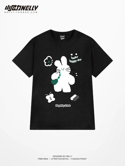 Short-sleeved T-shirts for men and women summer 2024 new trend cat print American retro high street half-sleeve loose ins trend