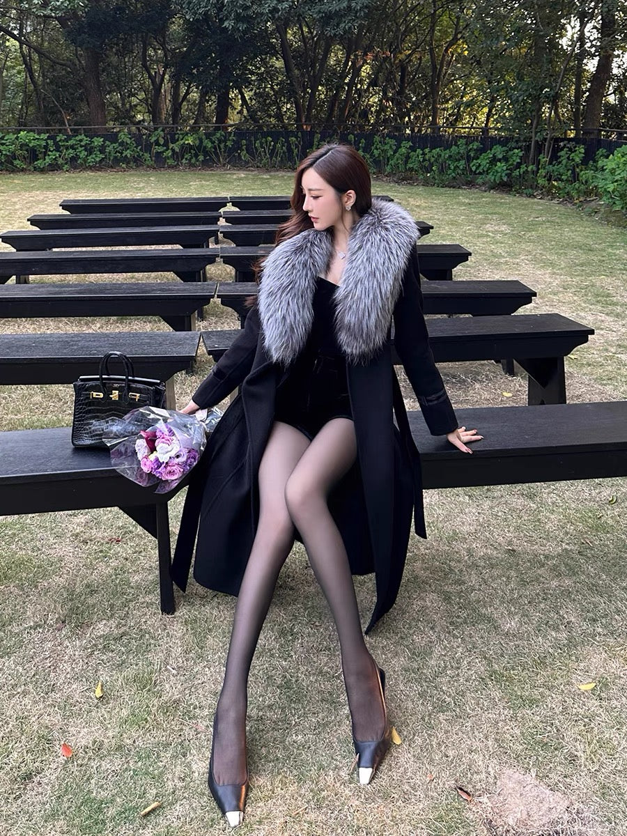 Shanxi said 100% wool V-neck with silver fox fur collar double-sided denim coat, feminine ladylike style mid-length coat (B1317)