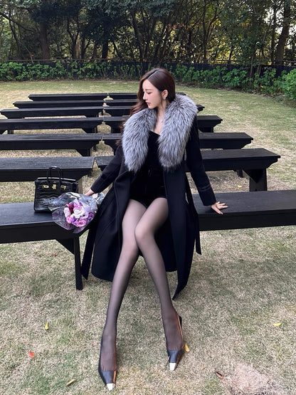 Shanxi said 100% wool V-neck with silver fox fur collar double-sided denim coat, feminine ladylike style mid-length coat (B1317)