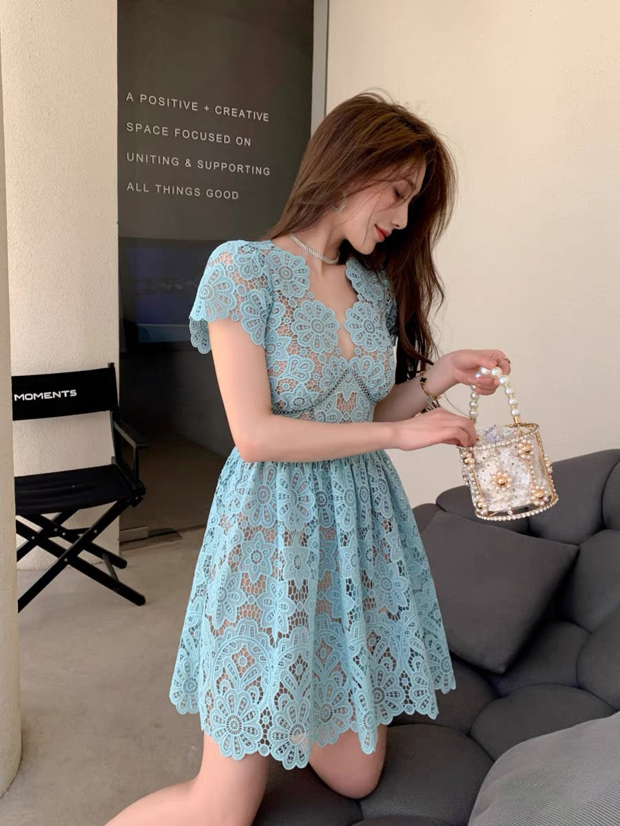 New women's French retro palace style sexy V-neck hollow lace waist slimming short-sleeved dress short skirt (D163)