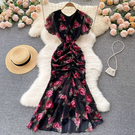 2024 new style light luxury lady chiffon printed dress temperament ruffled fishtail dress female skirt slim