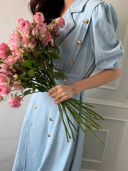 2023 Spring and Autumn New Korean Style Chic Double-breasted Long Skirt Feminine Retro Lady Noble Denim Dress
