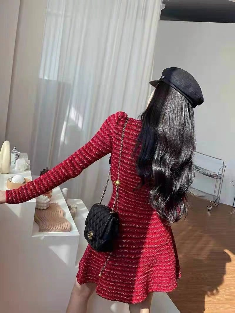Zhang Li's same style French retro New Year's red slim-fitting small fragrant knitted dress toasting dress can be worn at ordinary time D9198
