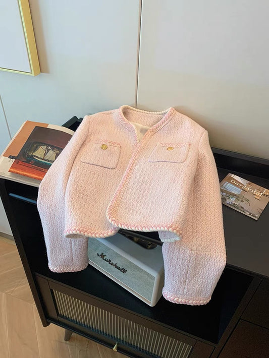 Korean style pink round neck short small fragrance jacket for women autumn and winter 2023 new style gentle temperament versatile celebrity top