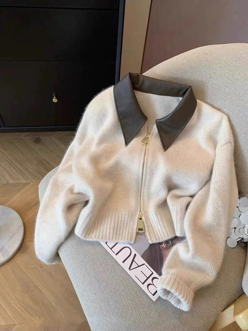 European goods high-grade leather POLO collar stitching knitted cardigan double-head zipper lazy style raccoon fleece sweater jacket for women