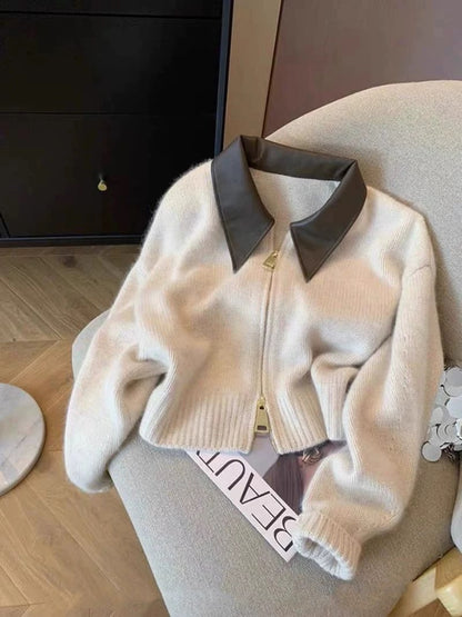 European goods high-grade leather POLO collar stitching knitted cardigan double-head zipper lazy style raccoon fleece sweater jacket for women