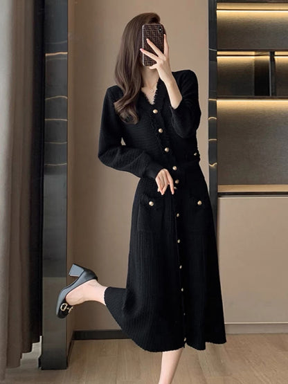 French style small fragrant knitted cardigan skirt suit for women 2023 autumn and winter new style mid-length dress two-piece set D5591