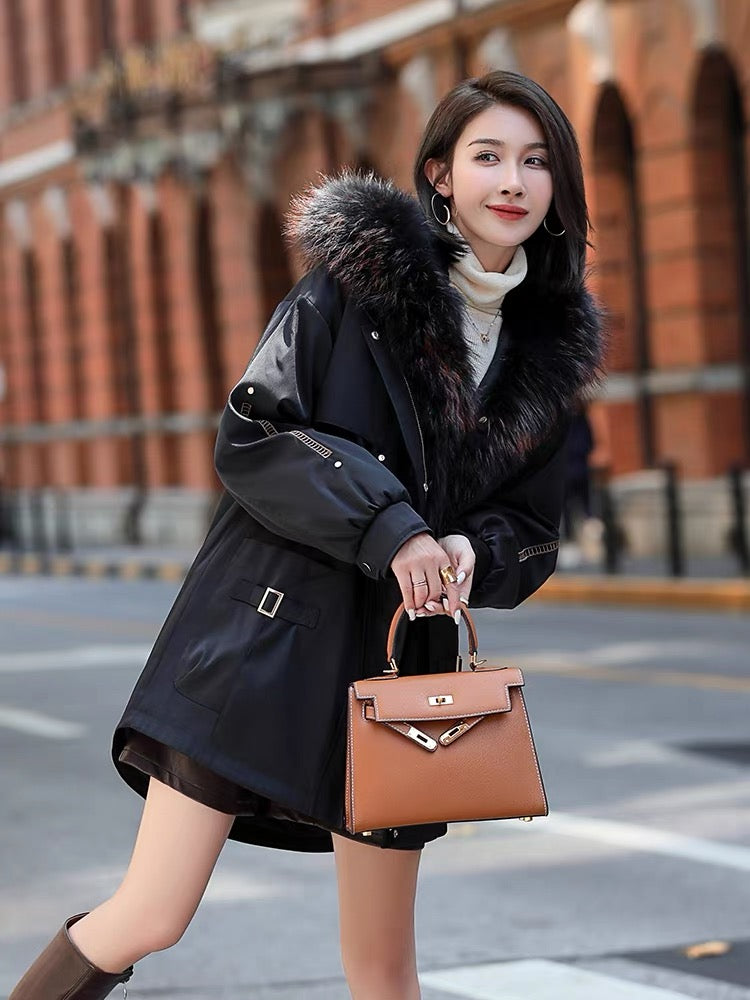 Winter fur parka women's 2023 mid-length hooded removable rex rabbit fur liner raccoon fur placket jacket