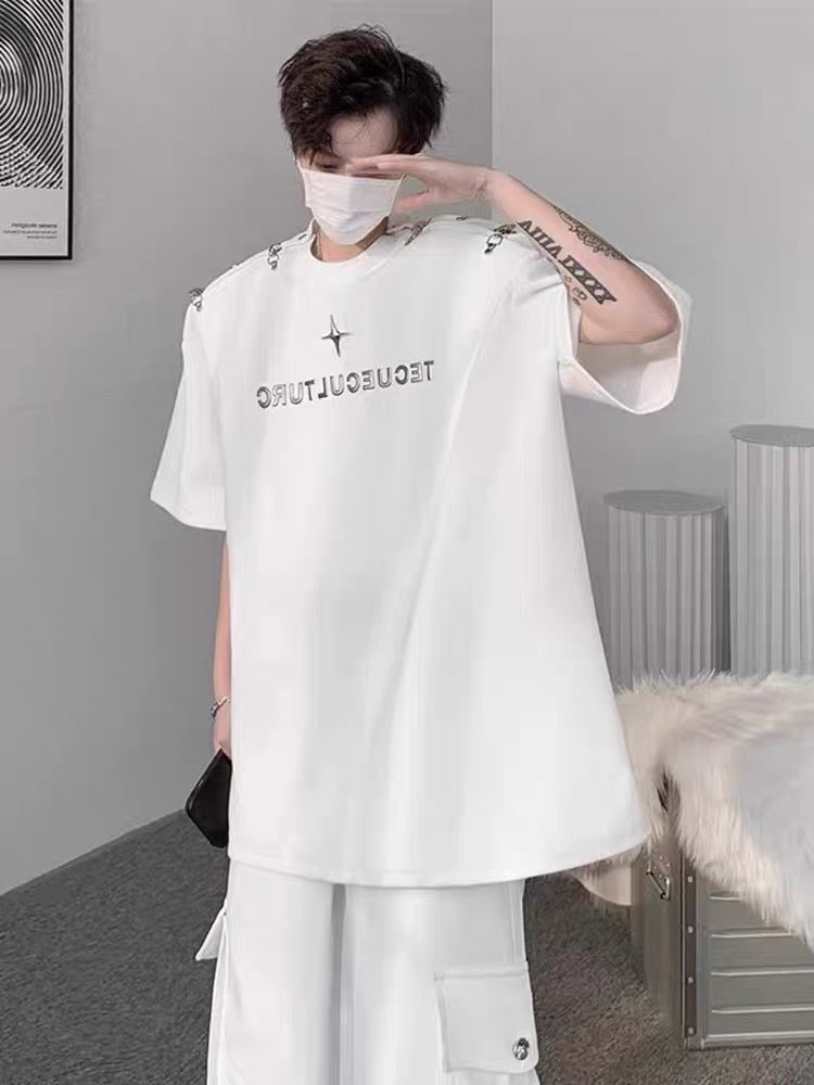 American hiphop heavy cotton deconstructed metal buckle short-sleeved t-shirt men and women summer design sense small crowd ruffian handsome top