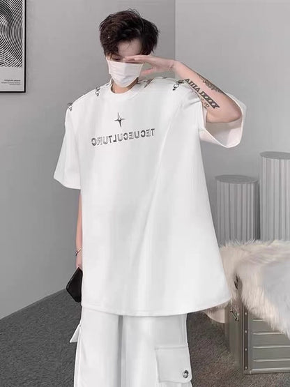 American hiphop heavy cotton deconstructed metal buckle short-sleeved t-shirt men and women summer design sense small crowd ruffian handsome top