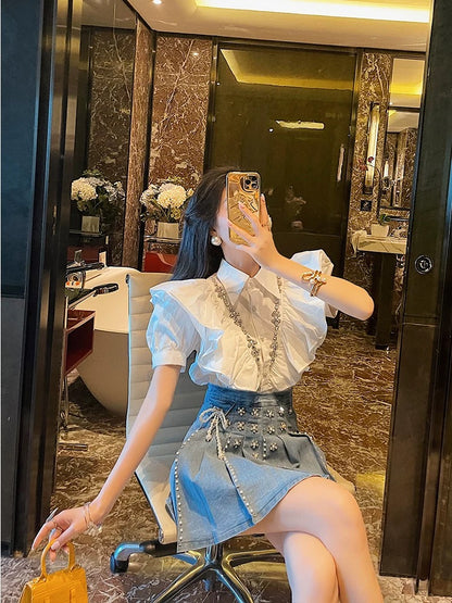 BETTER LS summer new style small Chanel style suit skirt women's ruffled shirt + denim skirt Western style two-piece suit