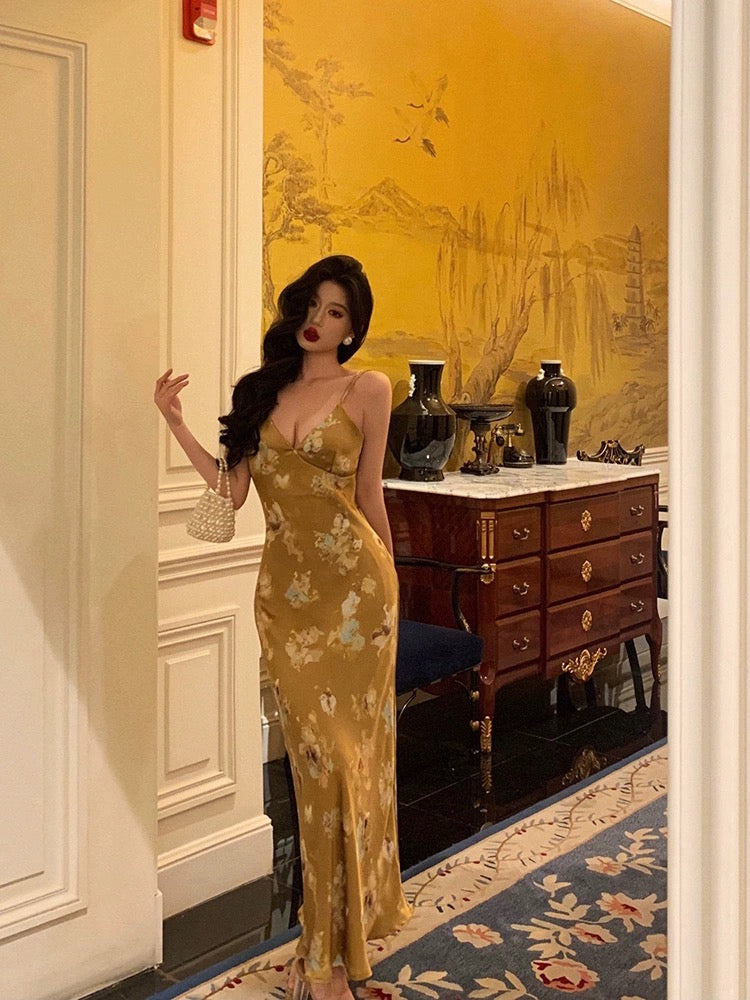 Ge Fuwen New Chinese style satin suspender dress female 2024 new retro temperament printed waist long skirt