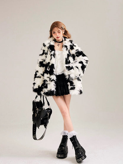 11SH97 Black and white plush fur coat for women winter new style warm loose cardigan long top