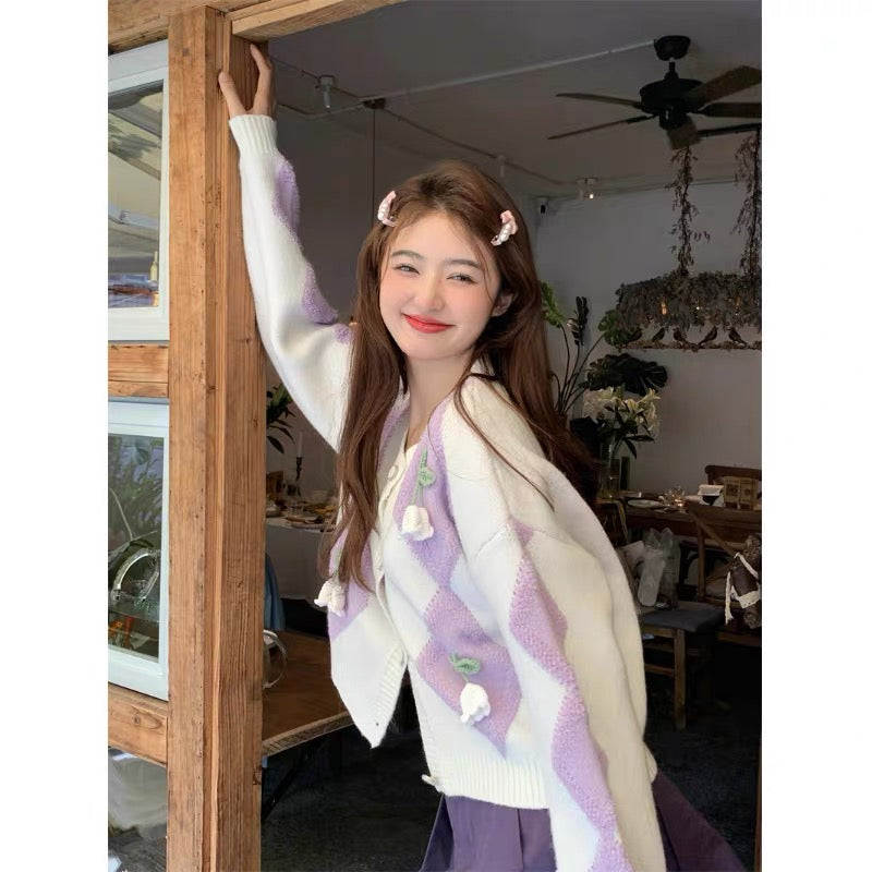 Sweet rhombus three-dimensional flower sweater jacket for women autumn 2023 new Korean style thickened loose short top trendy 🔎A2231