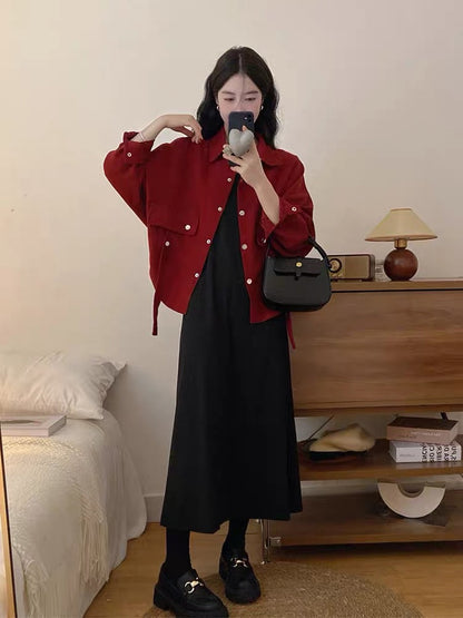 Early autumn new large size dress suit women's red short coat + black vest long skirt casual two-piece set (S0972)