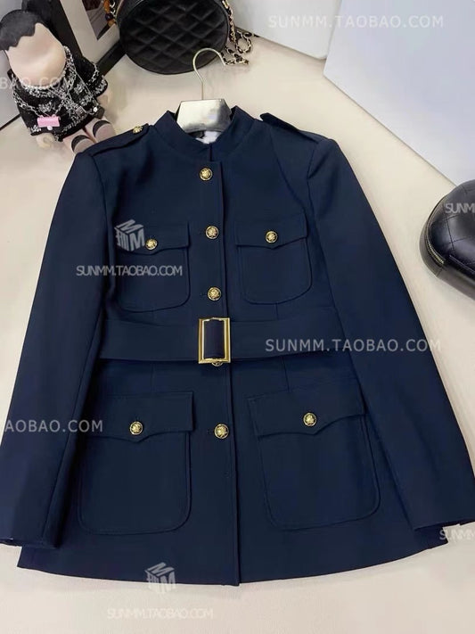 Buyer store 23 high-end niche temperament cool and rustic wool blended waist gold button stand collar jacket equestrian style work wear