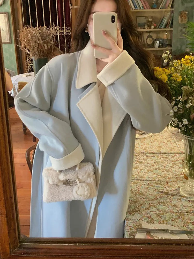 YIYI WANG Korean drama heroine appears~Sea salt blue and white double-layer lapel wool double-sided woolen coat for women