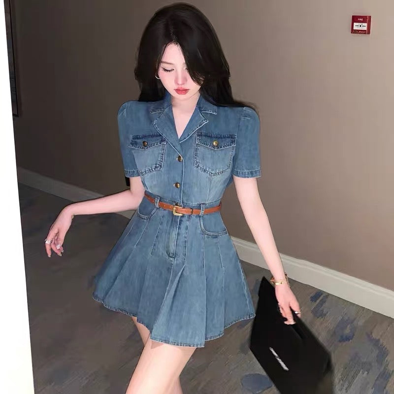 French niche retro hot girl suit collar denim dress female summer sexy waist short-sleeved pleated skirt small man