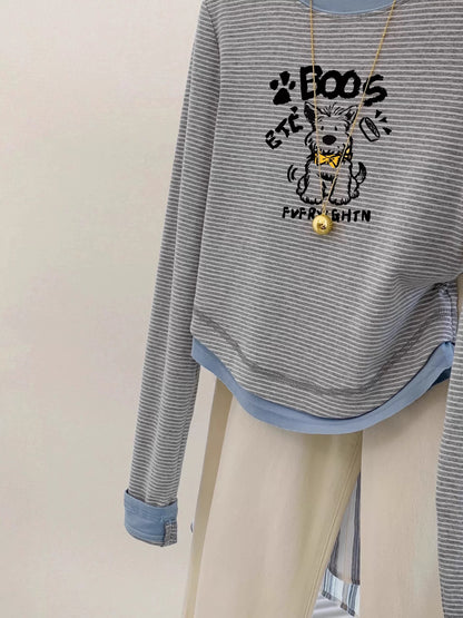 Fake two-piece straight shoulder striped long-sleeved T-shirt for women in early autumn, spring and autumn, short slim-fitting bottoming shirt, pure cotton inner top