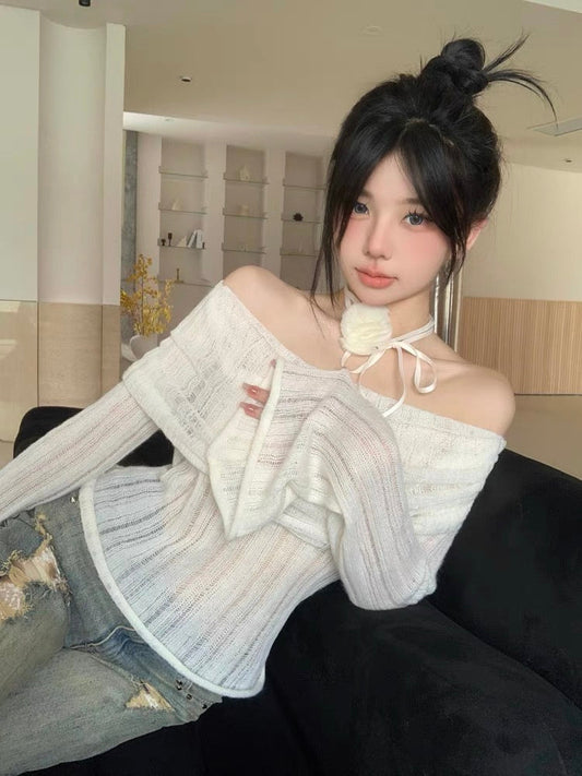 Yatoujia's trendy women's clothing~pure lust hazy pullover sweater for women autumn three-dimensional flower one-shoulder sweater (T0231)
