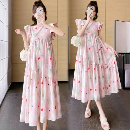 2023 New Large Size Summer Maternity Dress Temperament Floral Flying Sleeves Korean Style Slim Loose Fashionable Long Dress